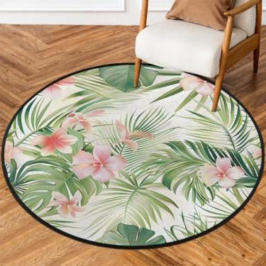Imagem de Tapete redondo de 1,5 m flor verde retrô macio tapete circular antiderrapante lavável tapete de porta para interior quarto berçário sala de estar cozinha banheiro entrada casa tapete decoração