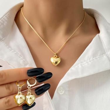 Imagem de Conjunto de colar com pingente de coração inchado e brincos enormes, joias delicadas românticas minimalistas para mulheres, One Size, Metal, Sem Pedra Preciosa