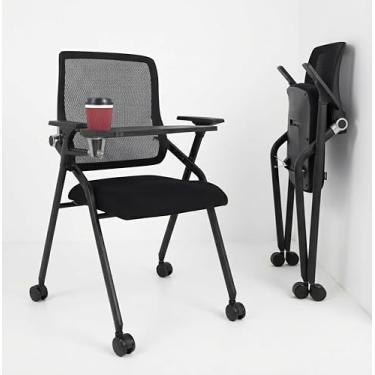 Imagem de BLANEDUO Cadeiras de sala de conferências atualizadas com braço de tablet, cadeira de escritório dobrável com suporte lombar e apoio de braço deslizante com rodízios, cadeiras empilháveis para