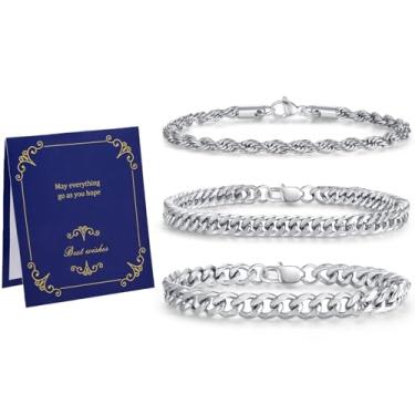 Imagem de NUKAYAI Conjunto de pulseiras masculinas de aço inoxidável com corrente cubana resistente/dourada, 3 peças, 9", Aço inoxidável, Sem Pedra Preciosa