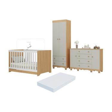 Imagem de Quarto De Bebê Completo Berço Americano 3 Em 1 Colchão Dengo Multimóveis MP4612 Madeirado-off White