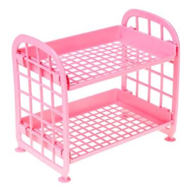 Imagem de Prateleira Dupla para Bonecas, Rosa, Plástico ABS, 2 Níveis, 20x21,5x14cm, Organizador Miniatura