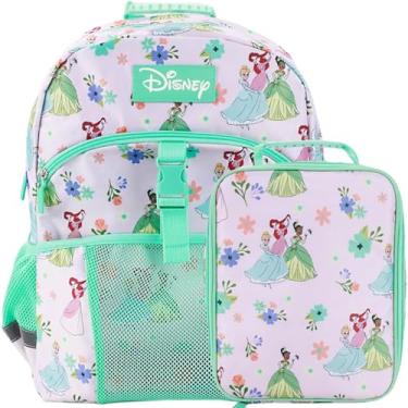 Imagem de Bioworld Conjunto de mochila e lancheira de 40,6 cm para escola e viagens, Princesas da Disney, verde