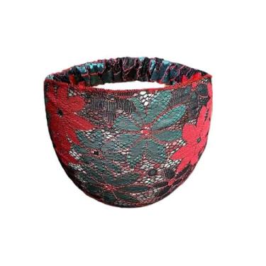 Imagem de Tiara de cabelo de renda com flores de malha leve e acessórios para o cabelo, envoltório lateral largo (verde e vermelho)