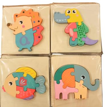 Imagem de Conjunto 4 Quebra-Cabeça 3D em Madeira para Bebês 1+ – Encaixe de Formas e Cores – Estimula Coordenação Motora, Lógica, Brinquedo Educativo, Criatividade e Aprendizado Infantil (Animais 2)