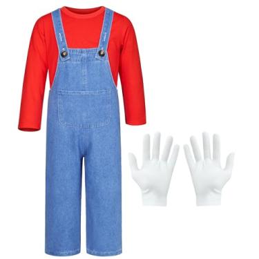 Imagem de Plumber Costume for Kids Shirt Overalls Glove Boys Halloween Party Cosplay 7-8 Years Red