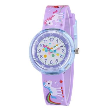 Imagem de Jewtme Relógio infantil fofo para crianças de 3 a 8 anos, analógico, tempo, professor, 3D, pulseira de silicone, desenho animado para meninas e meninos, Unicórnio roxo