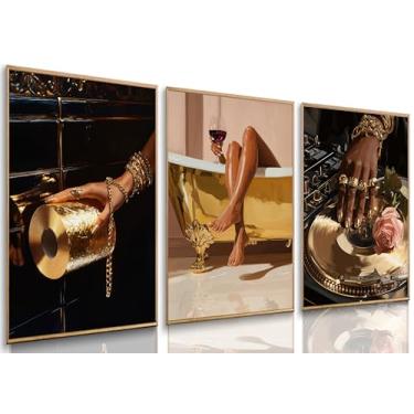 Imagem de 3 peças elegantes arte de parede de banheiro meninas negras douradas afro-americanas impressões personalizadas banheiro estética imagens decoração de parede para banheiro sala de estar quarto 30,5 x