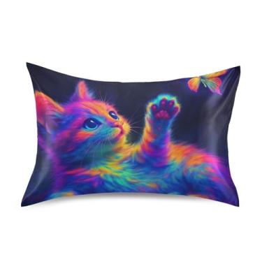 Imagem de Fronhas de cetim legais refrescantes personalizadas King Queen capas de travesseiro de cama macias tamanho queen 76,2 cm x 50,8 cm gato fofo borboleta neon