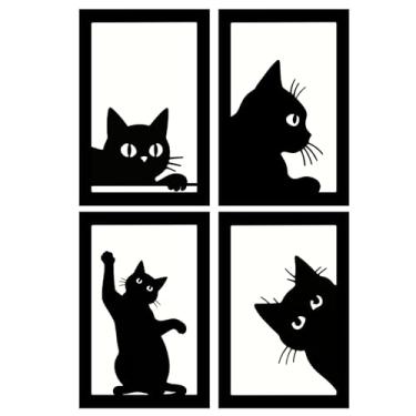 Imagem de Placa de metal de gato preto, decoração de arte de parede vintage para sala de estar, quarto, cozinha, banheiro, presente exclusivo para amantes de gatos, 4 peças 20 x 30 cm