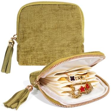 Imagem de LETGO Estojo pequeno de joias de viagem, presentes de viagem para mulheres, bolsas de joias com zíper, bolsa organizadora de joias de veludo para pulseira e brinco (verde oliva)