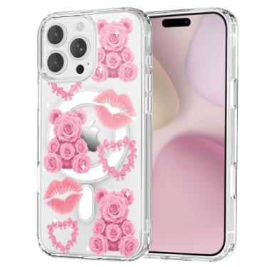 Imagem de OFQKOAKS Capa para iPhone 16, compatível com MagSafe, linda capa de celular romântica rosa brilhante urso rosa magnética dia dos namorados, capa protetora fina e transparente para amantes