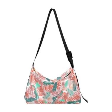 Imagem de Bolsa feminina Hobo de couro PU macio de folha verde bolsa de ombro com estampa de folha de desenho animado, Folhas tropicais floral rosa