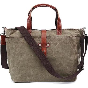 Imagem de Bolsa de couro genuíno de lona para mulheres, bolsa de ombro, bolsas de trabalho, bolsa feminina com zíper e fecho de alça de couro, Verde militar