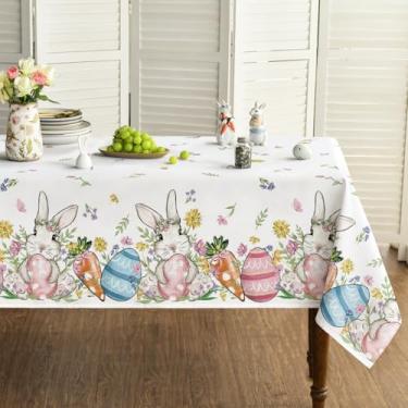 Imagem de Horaldaily Toalha de mesa retangular de Páscoa, 132 x 187 cm, coelhinhos, cenoura, ovo de Páscoa, margarida, borboleta, lavável, sazonal, para decoração de festa, piquenique, jantar