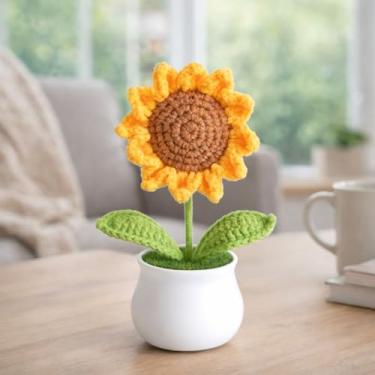Imagem de Girassol de crochê feito à mão com vaso, mini decoração de mesa de flores artificiais, linda planta de girassol tricotada para painel de carro, decoração de prateleira de escritório em casa