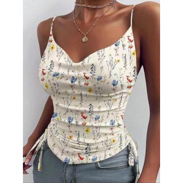 Imagem de Camiseta feminina com estampa floral e alças finas - regata franzida com gola V lateral para uso casual/encontro, Damasco, X-Large