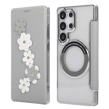 Imagem de Capa carteira para Samsung Galaxy S24 Ultra, 3 compartimentos para cartão e anel magnético, bloqueio RFID, compatível com carregamento sem fio, traseira transparente, design floral de couro, proteção