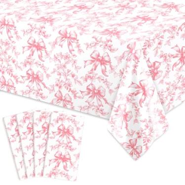 Imagem de AnyDesign Toalha de mesa descartável de plástico com laço floral rosa 4 peças de toalha de mesa retangular de flores vintage para festa de casamento de aniversário, artigos de piquenique, 137 x 272 cm