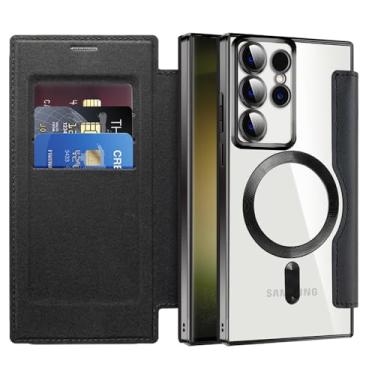 Imagem de MEMAXELUS Capa carteira para Samsung Galaxy S26 Ultra compatível com MagSafe, [bloqueio RFID] Capa magnética à prova de choque de couro PU flip premium com compartimentos para cartão transparente à