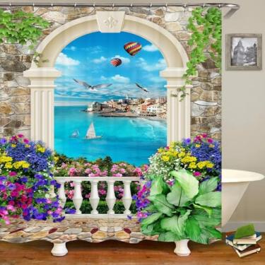 Imagem de Cortina de chuveiro lavável cenário natural 3D tecido impermeável decoração de banheiro grande cortina de chuveiro cortina de banheira 92 x 214 cm/LxA conjunto de cortinas de banheiro conjunto de