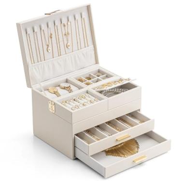 Imagem de Vlando Caixa de joias de 4 camadas – caixa de joias feminina com bandeja retrátil – organizador de joias com gaveta para colares, anéis, pulseiras, brincos, presente para casais, mães e meninas