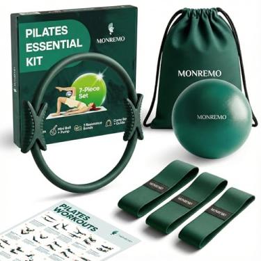 Imagem de MONREMO Kit essencial de Pilates — Anel de 35,5 cm (Círculo Mágico), Mini Bola com Bomba, 3 Bandas Resistentes de Tecido, Bolsa com Cordão e Guia de Treino — Conjunto de Equipamento de Pilates