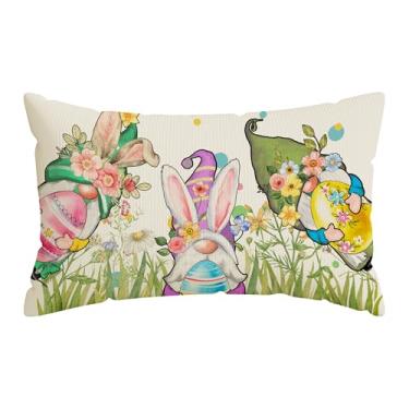 Imagem de ZAEW Gnomos Orelhas de coelho ovos flores silvestres Páscoa capa de almofada lombar decorações para casa de fazenda sofá sofá capa de almofada festa decoração de férias 30 x 50 centímetros