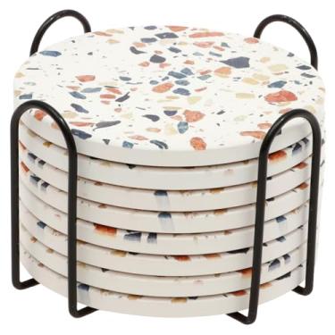 Imagem de KHZSPP Conjunto de 8 porta-copos de cerâmica de 10 cm com suporte, porta-copos absorventes com suporte de cortiça, porta-copos para mesa de café, copo de vinho, casa, bar, vasos de flores internos