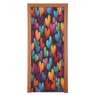 Imagem de ATTX Capa de porta da frente com corações de desenho animado - Decoração de férias de tecido elástico lavável para festas, casa, decoração de porta da frente, 36 x 98 polegadas (370)