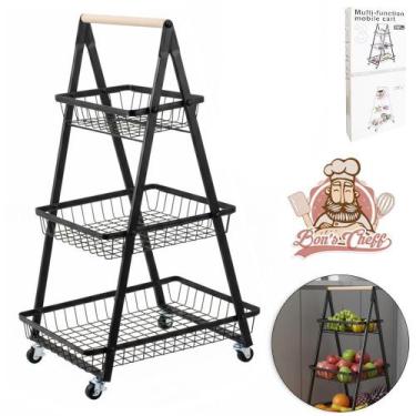 Imagem de Fruteira De Piso Aramado Com Alça De Madeira - 3 Andares - Bons Cheff