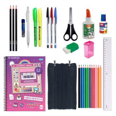 Imagem de Kit Material Escolar Caderno Estojo Caneta Marcador Lapis Masculino - 
