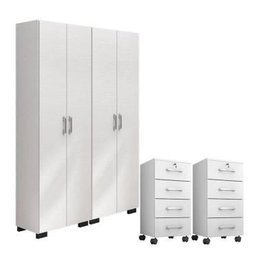 Imagem de Kit 2 Gaveteiros Para Escritório Gávea Com Chave E 2 Livreiros Office Com Portas Grandes Branco Fosco - Móveis Leão