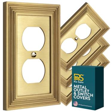 Imagem de Rio Salto Estate Collection Capa de tomada de latão escovado – Placa de cobertura de interruptor de luz duplex de 1 gang, placas decorativas douradas, capas de tomada de metal de tamanho médio 12,7 x