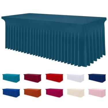 Imagem de Smiry Toalha de mesa de elastano, toalha de mesa elástica elástica para mesas retangulares de 1,8 m, saia de mesa lavável à prova d'água para uso ao ar livre, casamento, banquete e festas (azul pavão