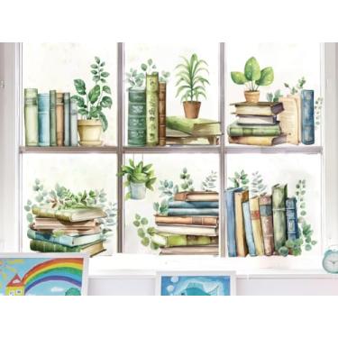 Imagem de JarThenaAMCS Adesivos para janela de leitura de vegetação volta às aulas aquarela impressão de livro planta adesivo decalque de vidro para decoração de parede de festa, biblioteca de sala de aula, 6