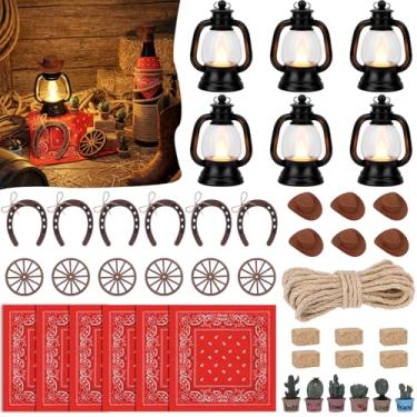 Imagem de 44 peças de decorações de festa com tema ocidental de cowboy centro de mesa decoração rústica país com mini lanterna chapéus de cowboy pequenos fardos de feno carroça de ferradura roda para artesanato