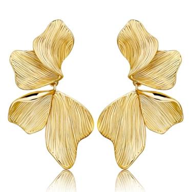 Imagem de HANRESHE Brincos de flor dourada para mulheres, brincos de folha leve na moda, brincos de flor grossa, joia chique, presente