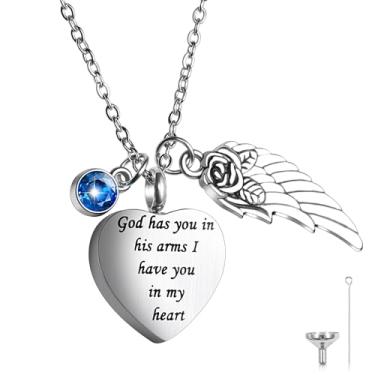 Imagem de Colar de cremação de asa de anjo para cinzas, pingente de lembrança de urna memorial de aço inoxidável com cristal de pedra do mês de nascimento para entes queridos, animais de estimação, suporte de