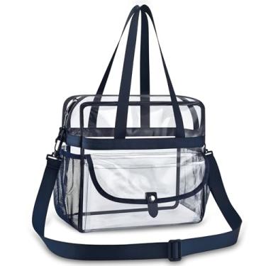 Imagem de Higuyst Sacola transparente 30 x 30 x 15 cm para eventos esportivos e shows, bolsa transparente para estádio com alça ajustável, bolsos de malha, Azul marino, Large, Sacola transparente para fãs de