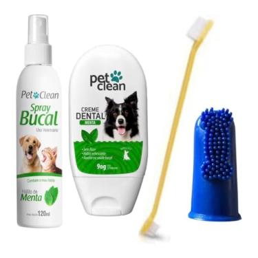 Imagem de KIT Creme Dental Menta e Spray Menta Pet Clean Acompanha Dedeira Flexível e Escova Dupla cores para Cachorros e Gatos
