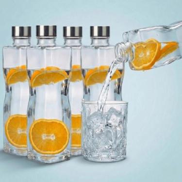 Imagem de Conjunto 4 Garrafas Vidro Design Moderno Tampa Metalizada Para Servir 