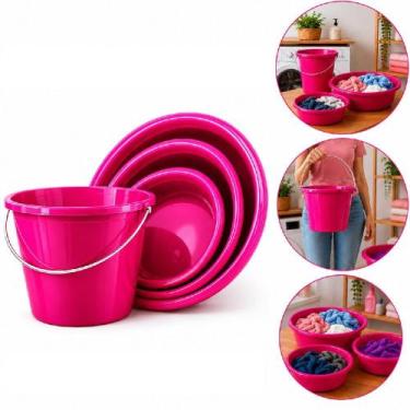 Imagem de Balde grande kit lavanderia 4 em 1 rosa com 3 bacias multiuso reforcad