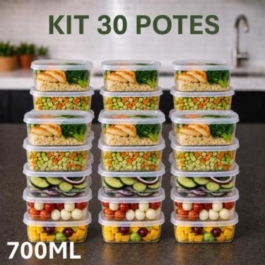 Imagem de Kit 30 Potes Marmita Retangular 700ml Fit 3UD Transparente BPA Free Mi