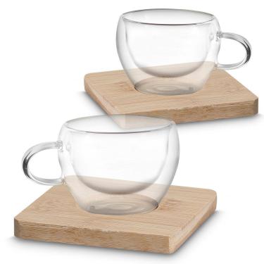Imagem de Kit Xícaras de Vidro Borossilicato Parede Dupla 60ML com Suporte em Bambu para Café Caixa Presenteável