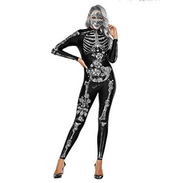 Imagem de Yajun Macacão feminino de caveira 3D com moldura de corpo humano estampado para adultos, roupa de festa de Halloween, branco, P (150
