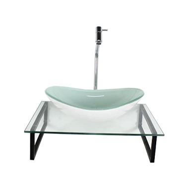 Imagem de KIT CUBA DE VIDRO OVAL 10MM BRANCA COM TAMPO 50CM INCOLOR E SUPORTE PRETO