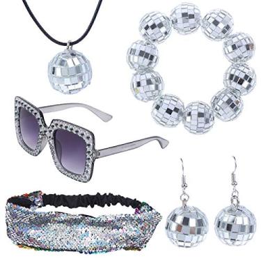Imagem de 5 peças de acessórios de discoteca da década de 70, conjunto de brincos de bola, colar, pulseira, faixa de cabeça e óculos de sol para mulheres