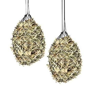 Imagem de QWORK Rede de feno para cavalos, pacote com 2 alimentadores de feno com furo de 10 cm, redes de feno de alimentação lenta de 101 cm, com anéis de metal, suprimentos de alimentação para equitação, velocidade de alimentação lenta