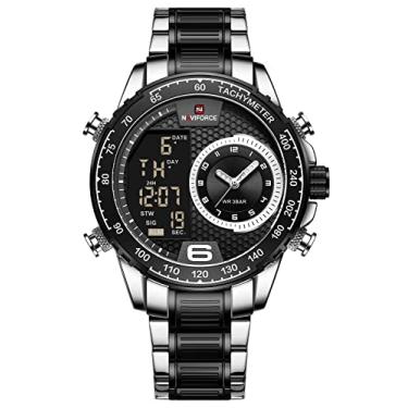Imagem de Relógio masculino analógico digital masculino de aço inoxidável à prova d'água para dia e data, cronômetro, relógio esportivo, Prateado, preto
